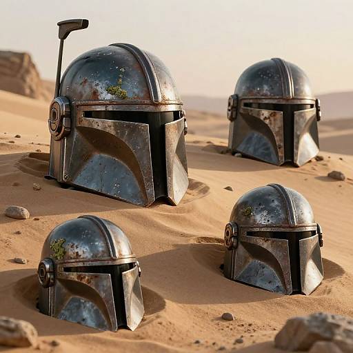 Photorealistic image of four weathered, rusted Mandalorian helmets scattered in a sandy desert, with sunlight casting shadows.