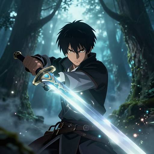 Anime-style digital artwork of a black-haired, intense young man wielding a glowing blue sword in a mystical, moonlit forest.