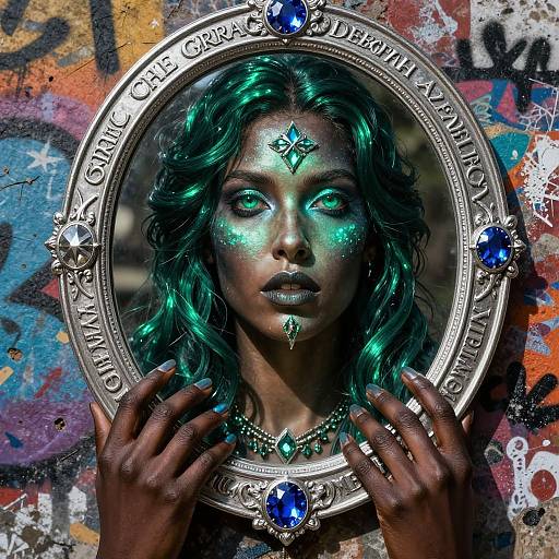 Digital art of a green-haired woman with glowing green eyes and blue gemstone makeup, framed by a silver circle with blue gems, against a colorful graffiti