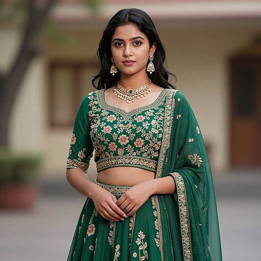 Photograph of an Indian woman with dark hair, wearing a green floral embroidered traditional outfit, gold jewelry, and standing outdoors.