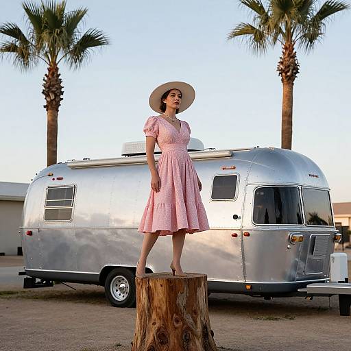 Photograph of a woman in a pink dress and white hat standing on a tree stump in front of a silver Airstream trailer, with palm trees