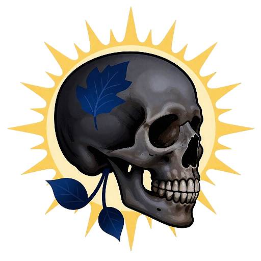 Black Skull with Blue Leaves and Sunburst