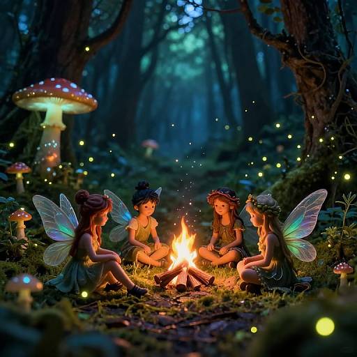 Miniature Forest Fairies by Campfire