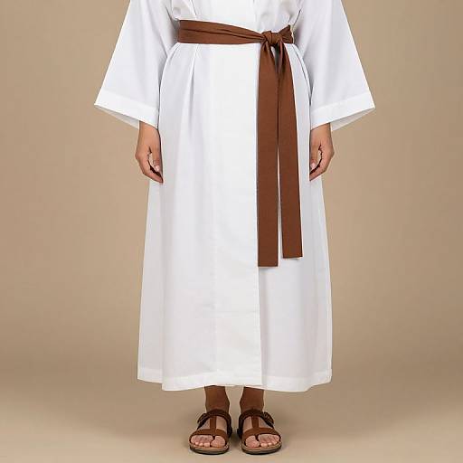 Photograph of a person wearing a white, long-sleeved, ankle-length robe with a brown belt and brown sandals, standing against a beige background