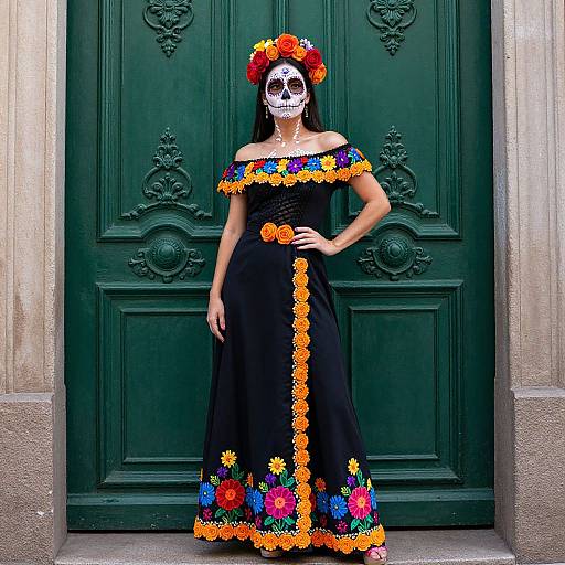 Photograph of a woman in a black off-shoulder dress adorned with orange and floral embroidery, wearing a sugar skull face paint and flower crown,