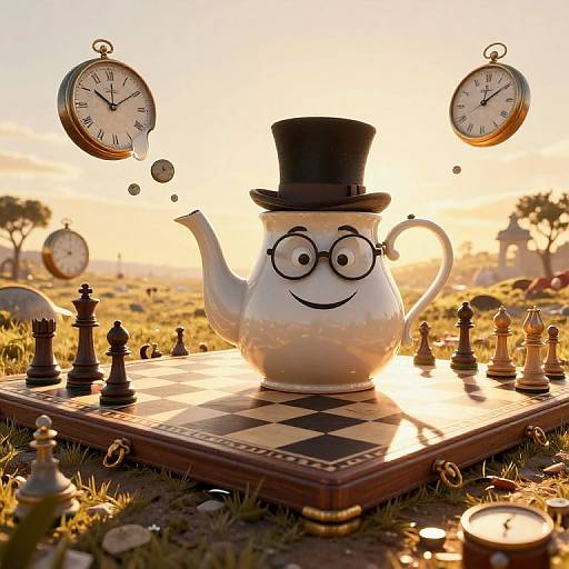 Surreal Whimsical Teapot Chessboard Scene