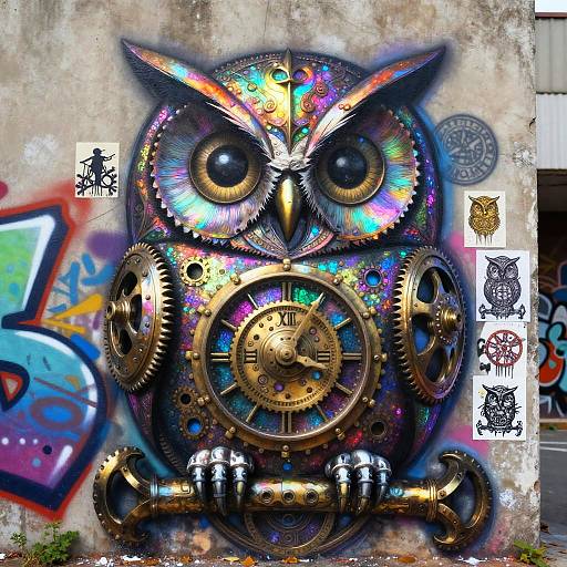 Iridescent Clockwork Owl Neo-Baroque Graffiti