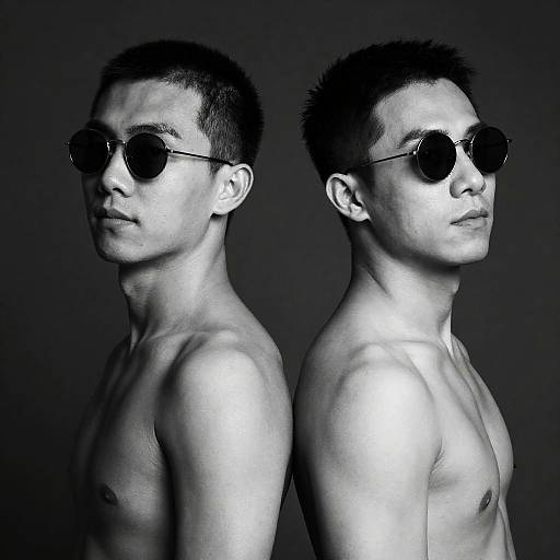 Black and White Portrait of Two Shirtless Men Back-to-Back
