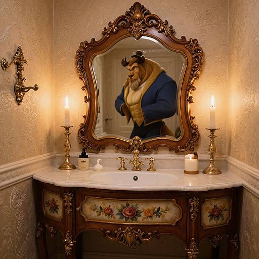 Photograph of an ornate bathroom with a large, vintage mirror reflecting a Be Our Guest Beast figure, lit by candles, on a floral-patterned