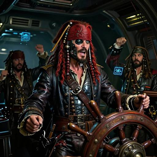 Photograph of a muscular, red-haired pirate captain with dreadlocks, black leather outfit, and red headband, steering ship wheel, surrounded by two