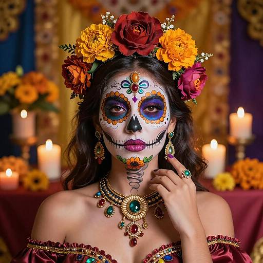 Photograph of a woman with Day of the Dead face paint, adorned with flower crown, colorful jewelry, and red off-shoulder top, surrounded