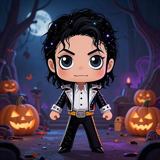 Chibi-style cartoon of a black-haired, wide-eyed vampire boy in a white shirt and black pants, standing in a spooky graveyard with glowing jack-o