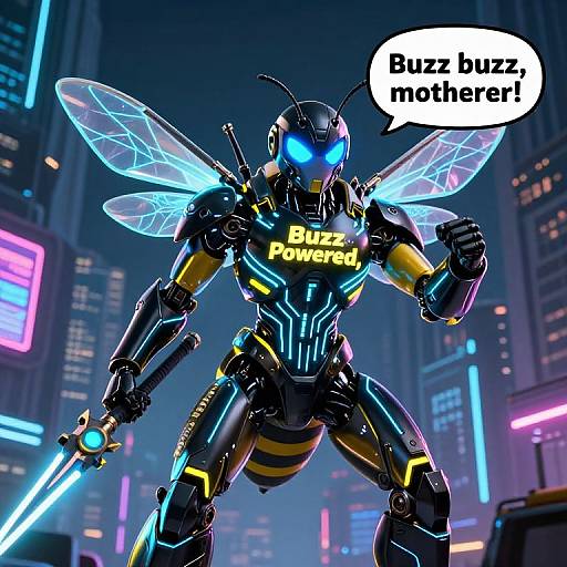 Cybernetic Bee Warrior in Neon City