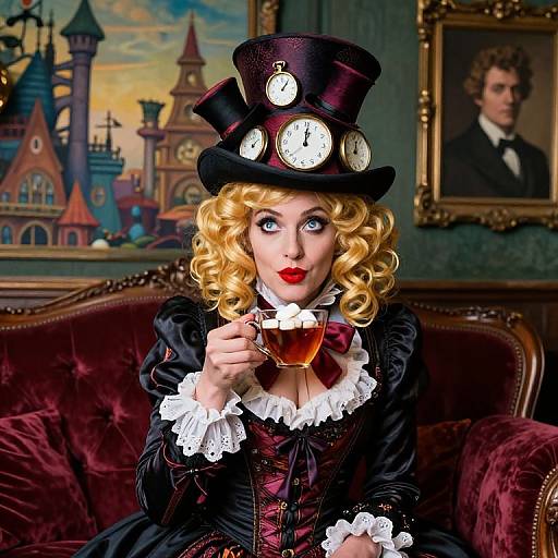 Digital art of a blonde woman with curly hair in Victorian steampunk attire, holding a teacup, wearing a top hat with clock faces,