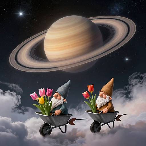 Digital illustration of two gnome-like gardeners with colorful tulips in wheelbarrows, floating in clouds, gazing at a Saturn-like planet with rings
