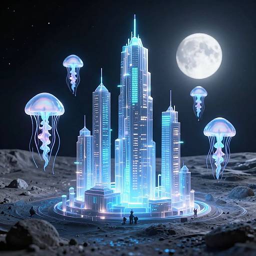 Glowing blue futuristic cityscape with neon-lit skyscrapers surrounded by luminous jellyfish, illuminated by a bright full moon in a dark