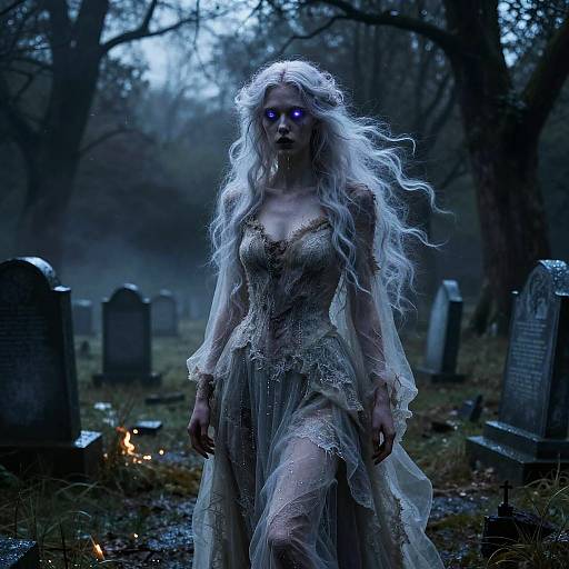 Digital artwork of a ghostly, pale-skinned woman with long, wild white hair, glowing blue eyes, and a tattered, lace gown,