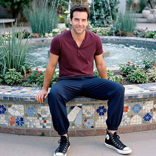 Photograph of a smiling, dark-haired man in a maroon polo, black pants, and black sneakers, sitting on a mosaic-tiled garden bench