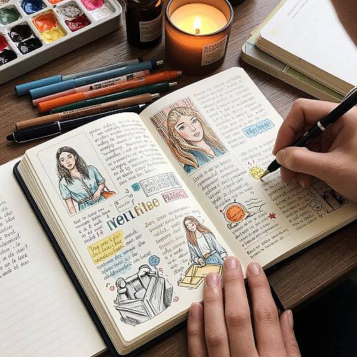 Photograph of hands writing in an illustrated journal, surrounded by paintbrushes, ink bottles, a lit candle, and a paint palette.