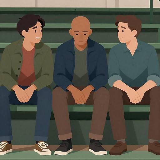 Three Men on Green Bleachers