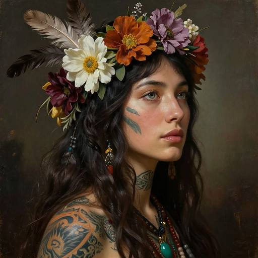 Photograph of a tattooed woman with long, wavy black hair, wearing a vibrant flower crown with feathers, and colorful beaded necklace, against
