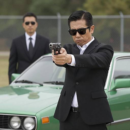 Intense Duo in Black Suits and Guns