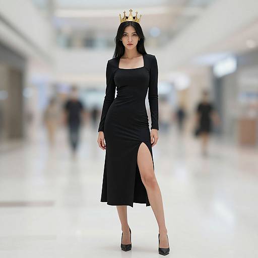 Photograph of an Asian woman with long black hair, wearing a black dress with a high slit, black heels, and a gold crown, standing in