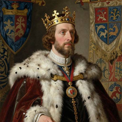 Photorealistic portrait of a bearded, fair-skinned king with a gold crown, wearing a fur-trimmed royal robe, and a large