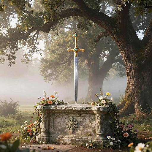 Joyeuse Sword on Mystical Stone Altar