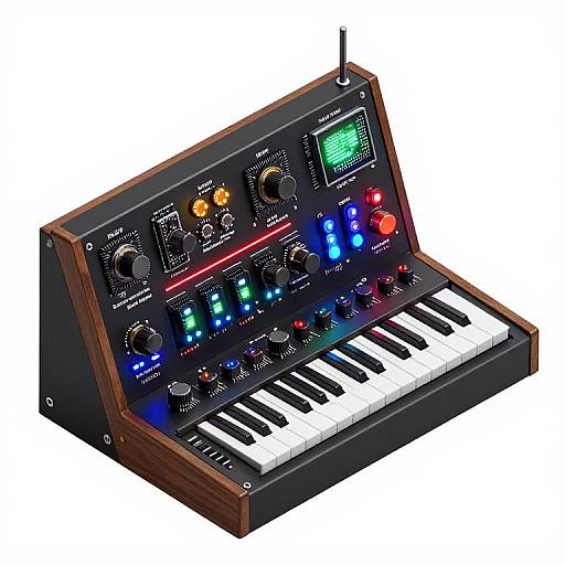 Photograph of a colorful electronic keyboard with various knobs, buttons, and lights on a wooden and black panel, set against a white background.