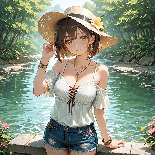 Young woman in hat by river