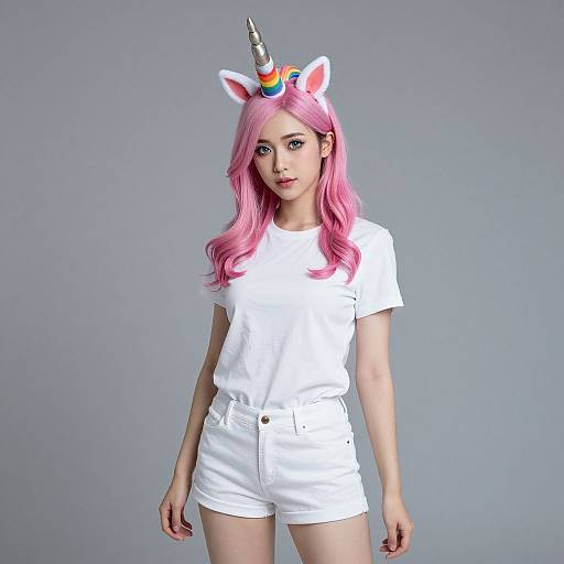Photograph of a young woman with pink hair, white unicorn horn headband, white t-shirt, and white shorts, standing against a plain gray background
