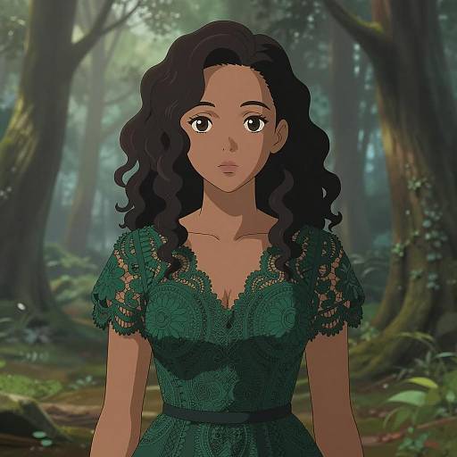 Anime Woman in Green Lace Dress in Mystical Forest