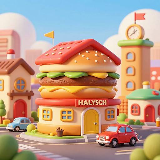 Digital cartoon of a giant, multilayered hamburger restaurant named 
