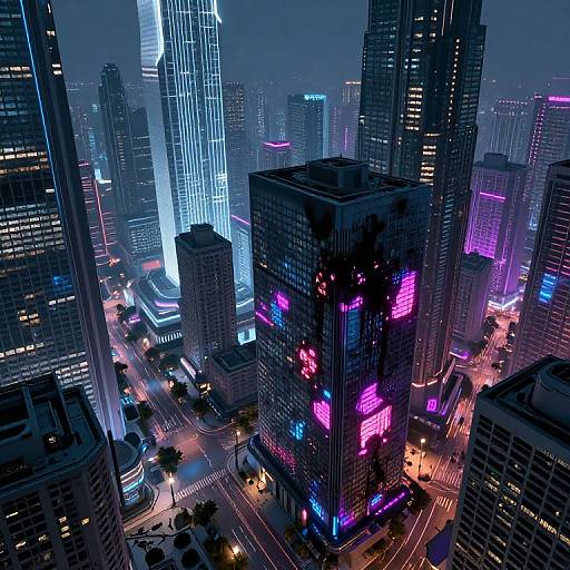 CGI cityscape at night with neon-lit skyscrapers, vibrant blue, purple, and pink lights, busy streets, and illuminated traffic.