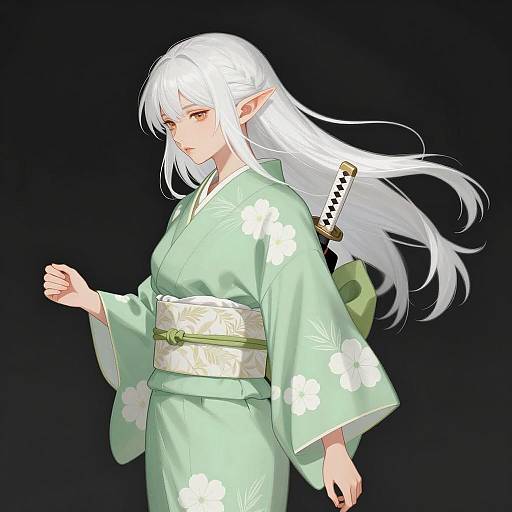 Elegant Elf Woman in Kimono Illustration