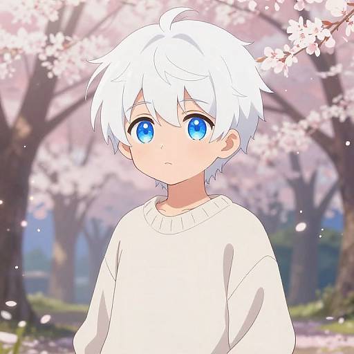 Anime-style drawing of a young boy with white hair and bright blue eyes, wearing a white sweater, standing in a cherry blossom tree background.