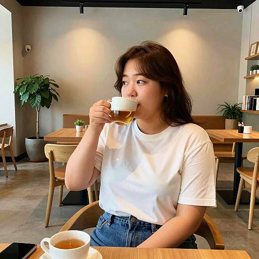 Asian woman with shoulder-length brown hair, white t-shirt, and blue jeans, sips latte in modern, minimalist café with wooden tables.