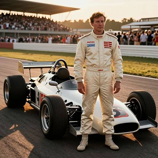 Photograph: Male race car driver in cream racing suit standing beside white Formula 1 car on racetrack, sunset background, crowd in stands.