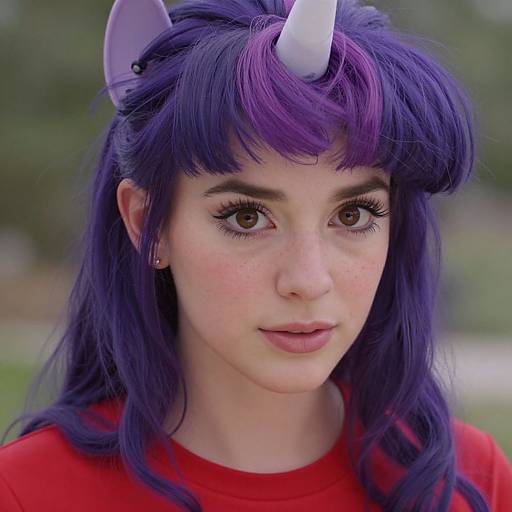 Photograph of a young woman with purple hair, wearing a unicorn horn headband, large brown eyes, freckles, and a red shirt,