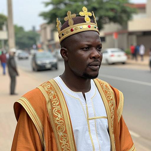 Photograph of a dark-skinned man wearing an ornate gold and red crown, and an orange and gold embroidered robe, standing on a street with