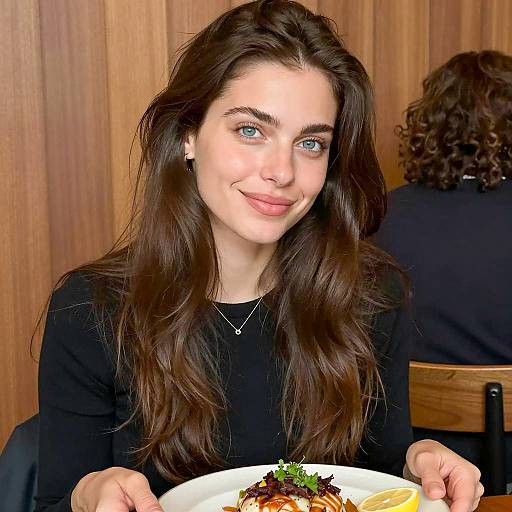Smiling Woman Holding Plate with Food