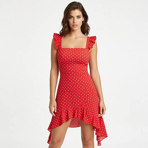 Photograph of a confident woman with dark brown hair, wearing a red, polka-dotted, ruffled, asymmetrical dress against a plain white