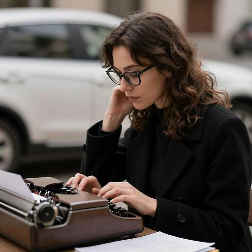 Focused Woman Typing on Vintage Typewriter