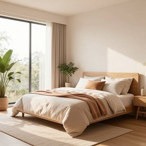 Bright, minimalist bedroom photograph featuring a wooden bed with beige bedding, brown throw blanket, two pillows, potted plants, and large window.