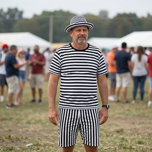 Photograph of a middle-aged man with a gray beard, wearing a black and white striped hat, shirt, and striped shorts, standing in a grass