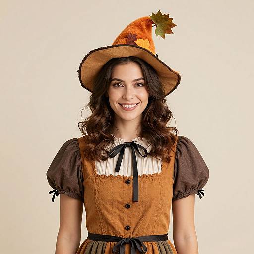 Photograph of a smiling woman with wavy brown hair, wearing an orange witch hat with a leaf, brown pinafore dress, black puffed