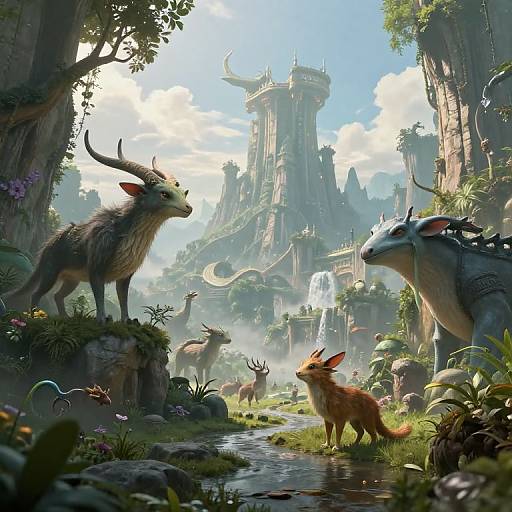 Fantastical CGI scene: Two horned, dragon-like creatures face a fox-like creature beside a stream, with a majestic, castle-like structure in