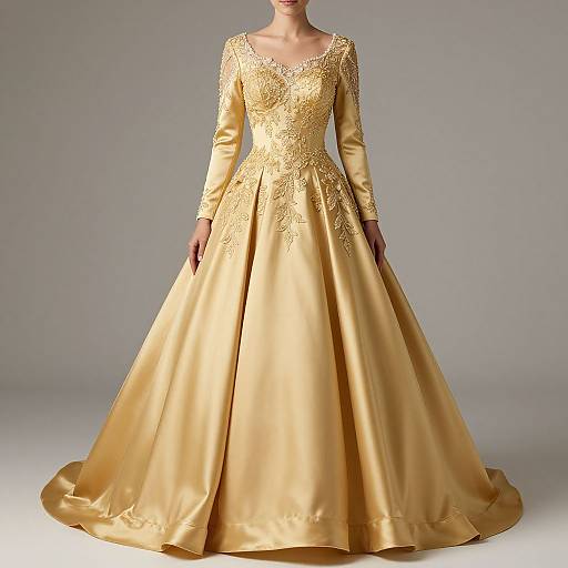 Photograph of a woman in a long-sleeved, golden satin wedding gown with intricate lace detailing on the bodice and a full, flowing skirt