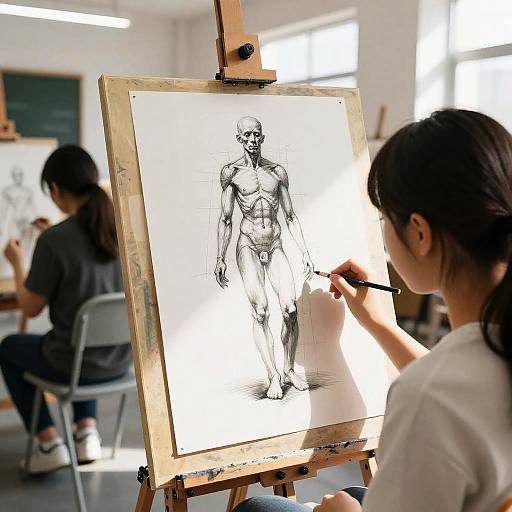 Photograph of an Asian woman drawing a detailed black-and-white anatomical sketch of a standing human figure on an easel in a bright, airy art
